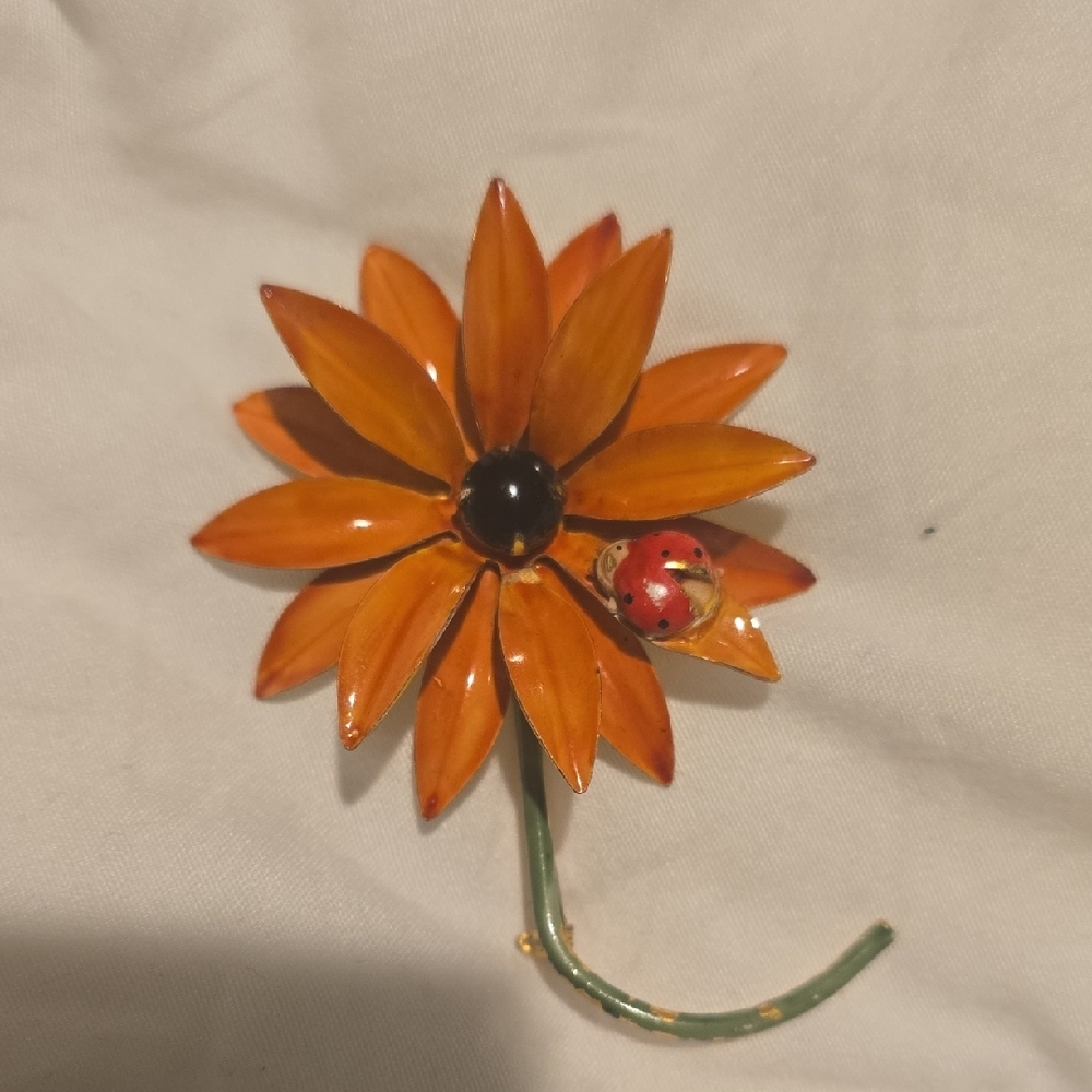 Orange Flower Brooch with Ladybug